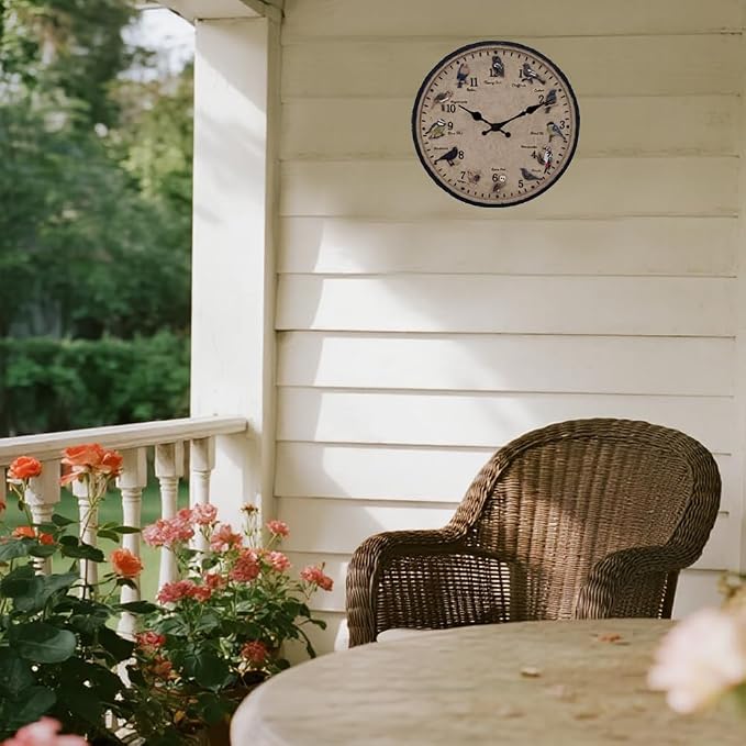 Outdoor Wall Clock for Garden, Patio and Deck, Decorative Birds Wall Clock, 12in Garden Clock Waterproof Clocks -Not Silent (12 Birds)