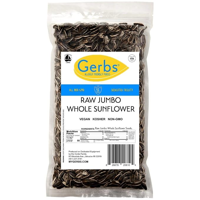 Gerbs Jumbo Raw Whole Sunflower Seeds 2 lbs. | No Artificial Additives, Shell-On, Resealable Bag | Crack-and-Eat Crunchy Snack | Top 14 Allergen-Free