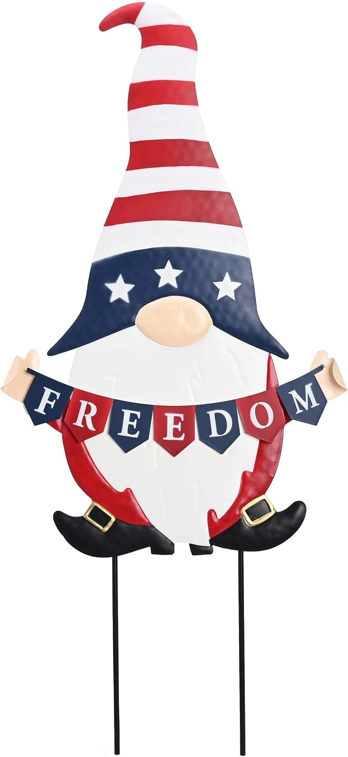 TERESA'S COLLECTIONS 4th of July Decorations, Patriotic Decorations for Memorial Day, 250th Independence Anniversary Metal Gnome Yard Art Stake, Freedom Outdoor Garden Lawn Patio Decor, 27''