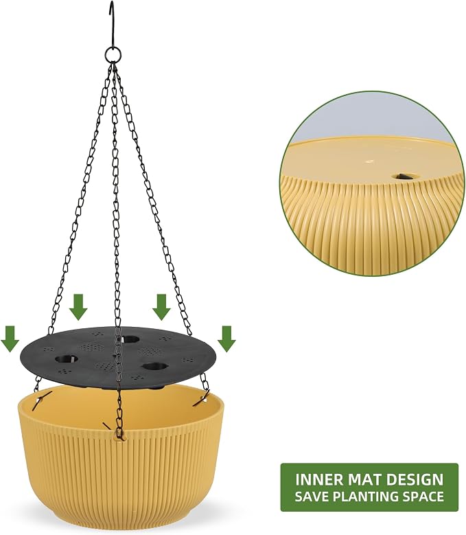 Dexceder 9.8 Inch Self Watering Hanging Planter (2 Pack, Yellow) | Thickened Hanging Basket Flower Plant Pot Indoor Outdoor