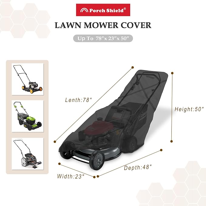 Porch Shield Lawn Mower Cover -Waterproof Universal Lawnmower Storage Cover Fitting Push Walk-Behind Mower (Up to 22 Inches Wide, Black)