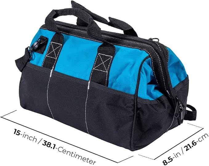 OX Pro 15-Inch Wide Mouth Tool Bag with Shoulder Strap Heavy Duty PVC Nylon with Reinforced Stitching - Bulto Para Herramientas