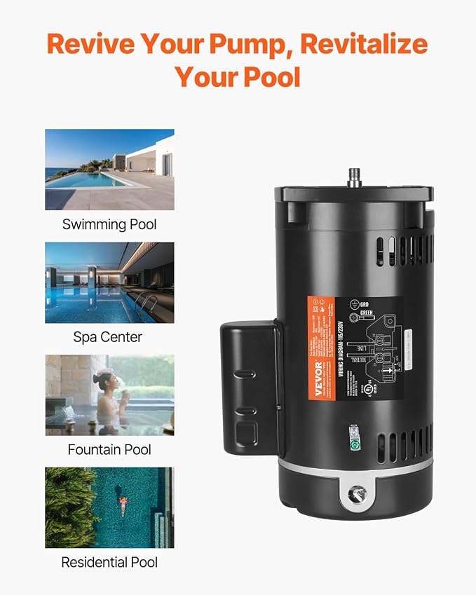 VEVOR 1 HP Pool Pump Motor, 3450 RPM High Speed, 115V (9.0 Amps) / 230V (4.5 Amps), 90μF/250V Capacitor, 1.25 SF, CCW Rotation, 56Y Square Flange Replacement Motor for Swimming Pools, Spa Centers