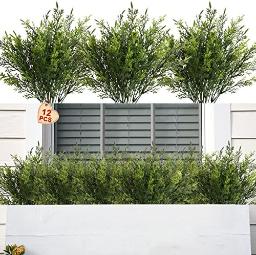 Yoratee Christmas Artificial Cedar Stems 12 PCS, UV Resistant Faux Pine Branches Greenery for Outdoor Planters Window Boxes Garden Porch and Holiday Decor by Yoratee