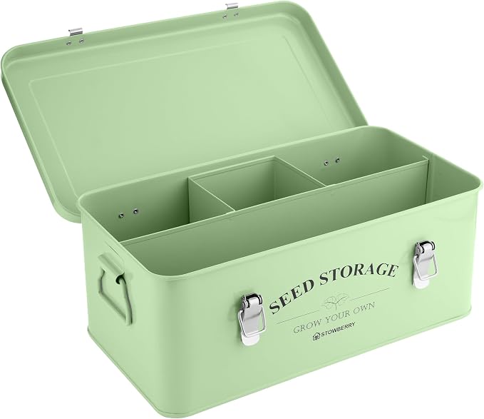 Seed Storage Box Organizer – Green Garden Seeds Tin with Lid, Side Handles, 4 Compartments & Safety Lock – Seed Packet Container for Gardeners – Gardening Gift Idea | Seed Tin with Lid, Handles, 4 Sections & Safety Lock – Perfect Gardening Gifts for Me...