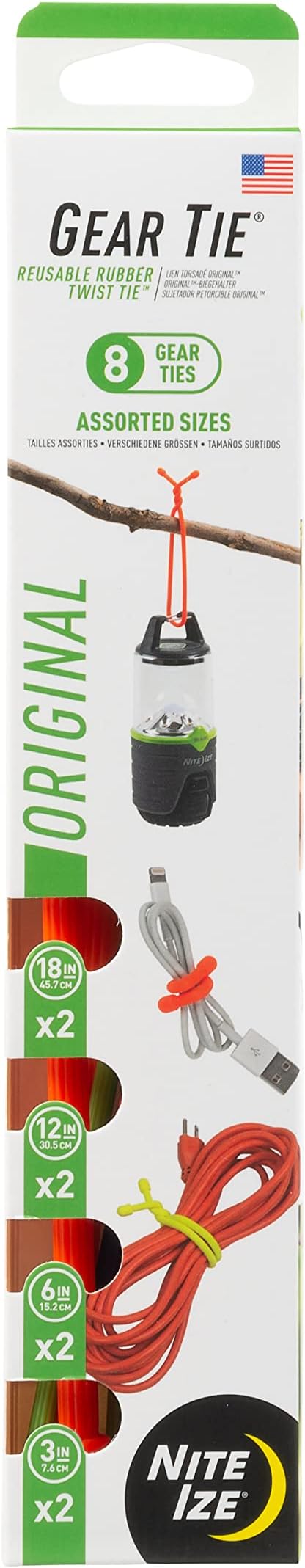 Nite Ize GTBA-A2-R8 Original Gear Tie, Reusable Rubber Twist Tie, Made in the USA, Assortment, 8 Pack