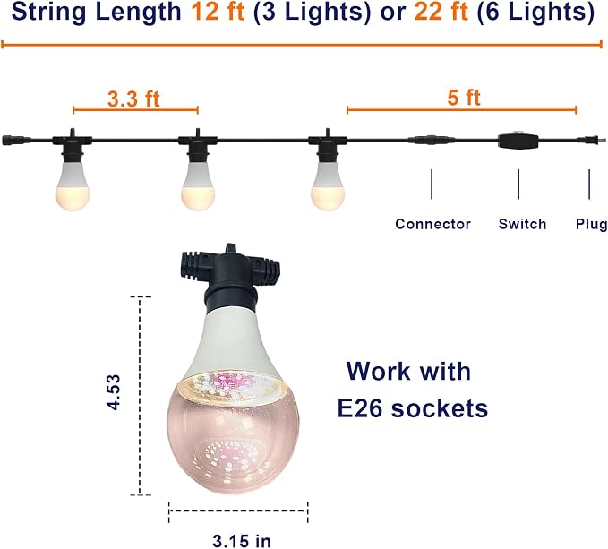 LED Grow Light Bulbs with E26 Base, 45W Durable 12 ft String Grow Lights, Waterproof Hanging Full Spectrum A25 Plant Lighting for Seeds, Flowers, Succulents, Indoor & Outdoor Use (3 Lights)
