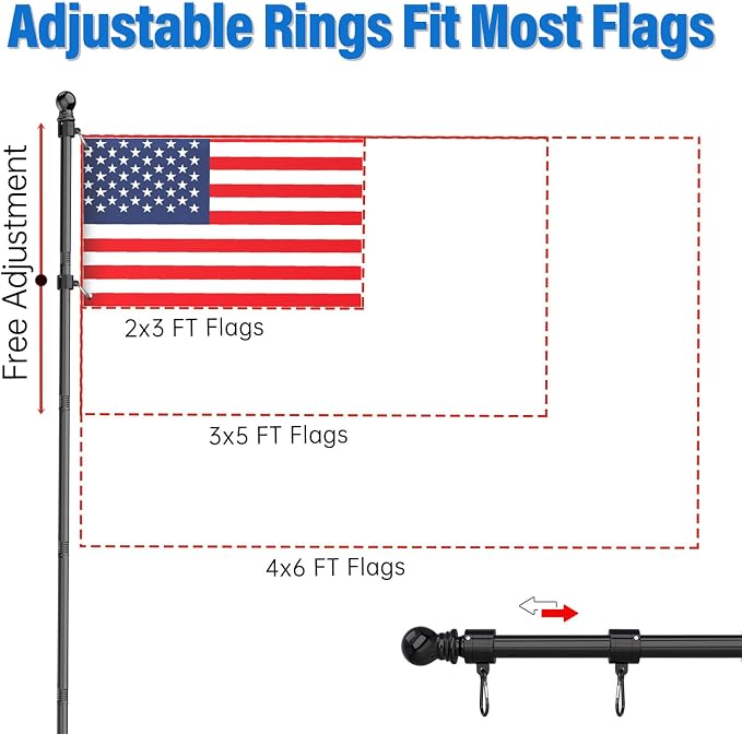 ZMTECH 2 Pcs 6FT American Flag Pole Kit with Solar Light, 180° Adjustable Flag Holder, Tangle Free Stainless Steel Flag Pole for Outside House, Black (No Flag Included)