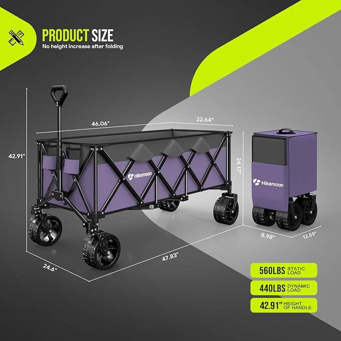 Hikemoon 300L Extra Large Wagons Carts Foldable, 560LBS Heavy Duty Collapsible Beach Wagon 48" Long with Big All-Terrain Wheels, Utility Folding Cart for Camping, Sports, Garden, Purple