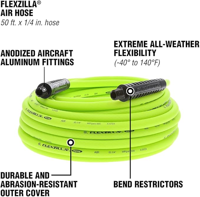 Flexzilla Air Compressor Hose, 1/4 in. x 50 ft., 1/4 in. MNPT Fittings, No-Kink, All Weather, Lightweight, Premium Hybrid Polymer, 300 PSI, ZillaGreen
