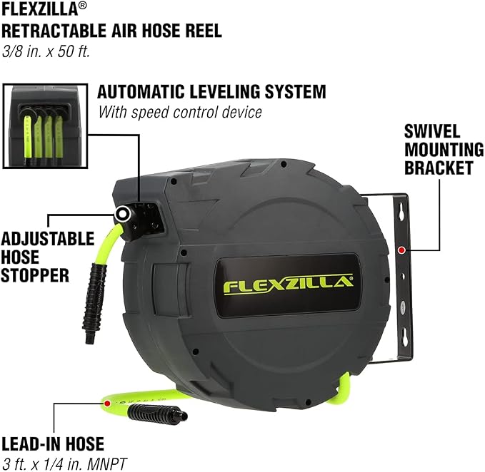 Flexzilla Retractable Enclosed Plastic Air Hose Reel, 3/8 in. x 30 ft, Heavy Duty, Lightweight, Hybrid, ZillaGreen - L8232FZ
