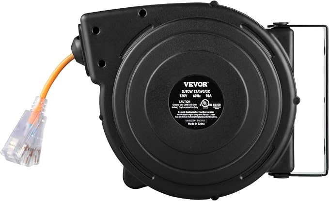 VEVOR Retractable Extension Cord Reel, 45 FT, Heavy Duty 12AWG/3C SJTOW Power Cord, with Lighted Triple Tap Outlet, 15 Amp Circuit Breaker, 180° Swivel Bracket for Ceiling or Wall Mount