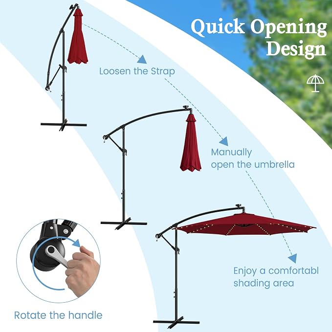 HAPPYGRILL 10FT Cantilever Patio Umbrella with Solar Lights, Outdoor Hanging Offset Umbrella with 112 LED Lights, Tilt Design, Crank Handle, Cross Base Stand for Garden Yard Deck