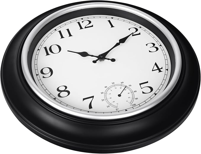 JoFomp Large Waterproof Outdoor Clock with Thermometer Combo - 18 inch Silent Non Ticking Quartz Battery Operated Wall Clock for Patio, Home, Pool, Garden, Porch, Deck (Silver, 18 Inch)