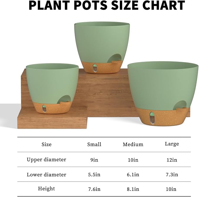 12/10/9 Inch Self Watering Pots for Indoor Outdoor Plants, Set of 3 Large Plastic Planters with Visual Water Window, Drainage Holes & Watering Lip, Modern Decorative Flower Pots (Green)