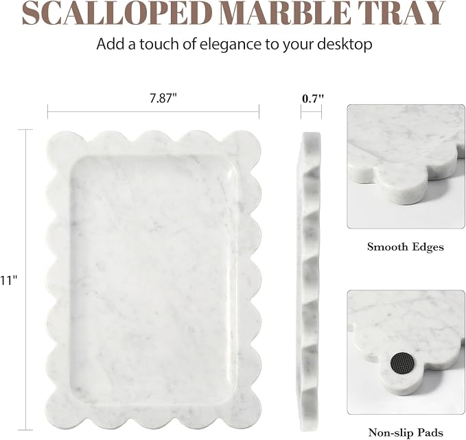Koville Scalloped Marble Tray, 11"x8" Marble Vanity Tray for Countertop Bathroom Kitchen Dresser, Natural Stone Tray for Jewelry Perfume Home Decor, Decorative Catchall Trays(Bianco Carrara)