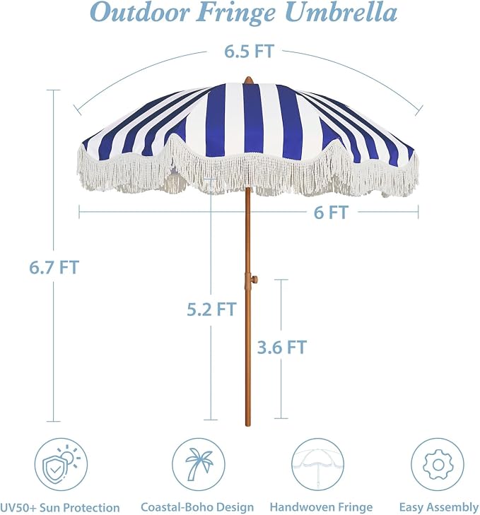 AMMSUN Boho Fringe Umbrella Outdoor Patio, 6.5ft UPF50+ Picnic Umbrella with Tassels with Steel Pole and Push Button Tilt, Navy Stripe