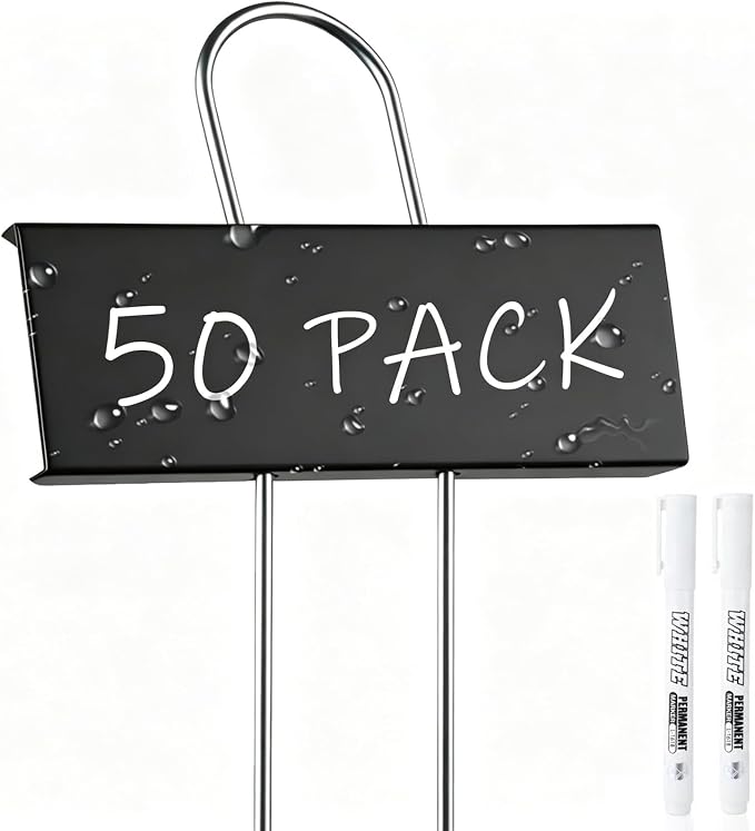 50 Pack Metal Plant Labels with 2 Pens - 10.6" Weatherproof Garden Markers, Reusable Nursery Tags for Vegetables Herbs Flowers Seedlings, Black