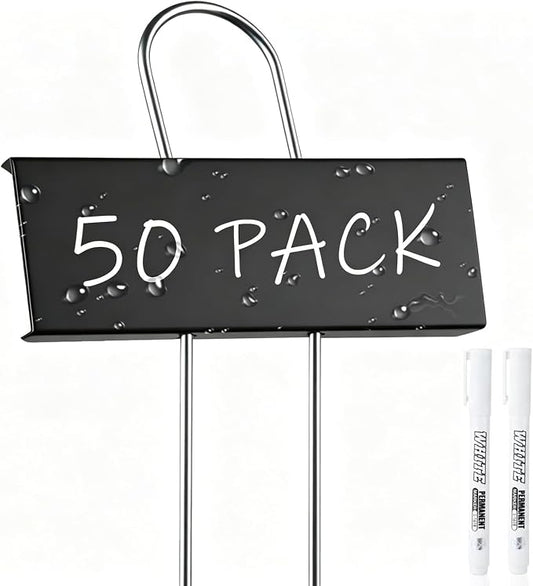 50 Pack Metal Plant Labels with 2 Pens - 10.6" Weatherproof Garden Markers, Reusable Nursery Tags for Vegetables Herbs Flowers Seedlings, Black