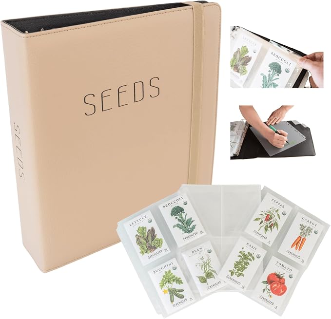 Seed Storage Binder – Garden Seed Organizer with 50 Sheet Protectors, 5 Dividers & Flap-Top Inserts - Stores 200 Seed Packets - Seed Saver Binder for Gardeners