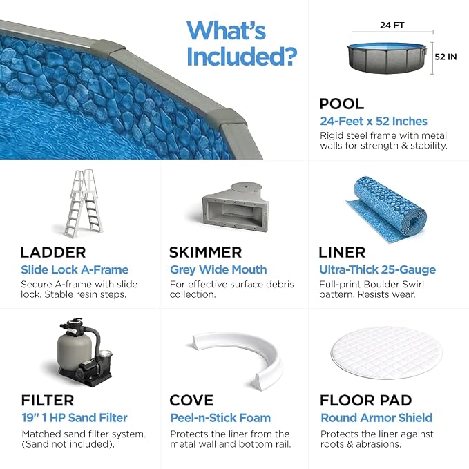 AquaDoc Coventry Round Steel Wall Above Ground Pool Kit 24' x 52" | Elite Package in Pewter Gray Finish - Sand Filter, Ladder, Skimmer, 25 Gauge Liner, Floor Pad and Cove, Made in North America