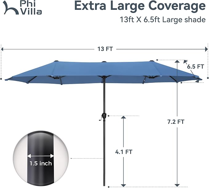 PHI VILLA 13ft Large Patio Umbrellas, Double-Sided Outdoor Market Rectangle Umbrella for Outside, Haze Blue