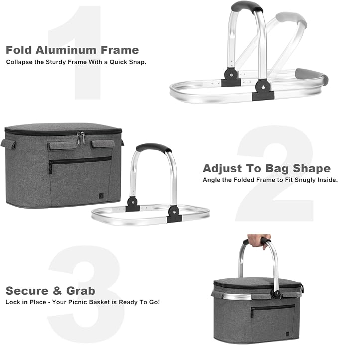 ALLCAMP Insulated Cooler Bag Portable Collapsible Picnic Basket Cooler Bag Collapsible, Leakproof, Lightweightwith Sewn in Frame (Medium Gray)