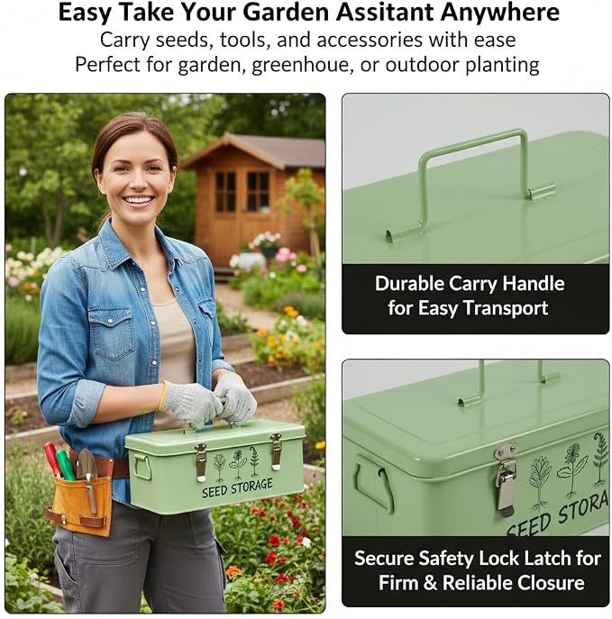 Metal Seed Storage Box Organizer with 3 Compartments, Safety Lock Lid Bin Seed Bottles Envelopes, Plant Labels, Foldable Funnel Gloves,Portable All-in-One Seed Saving Tin for Gardeners Beginners