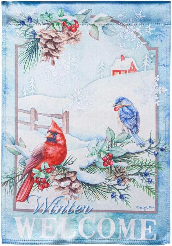 Evergreen Flag Snow Country Birds Lustre Garden Flag 12x18 Double Sided | Winter Garden Flag for Outside | Weather and Fade Resistant | Outdoor Flag For Yards and Gardens