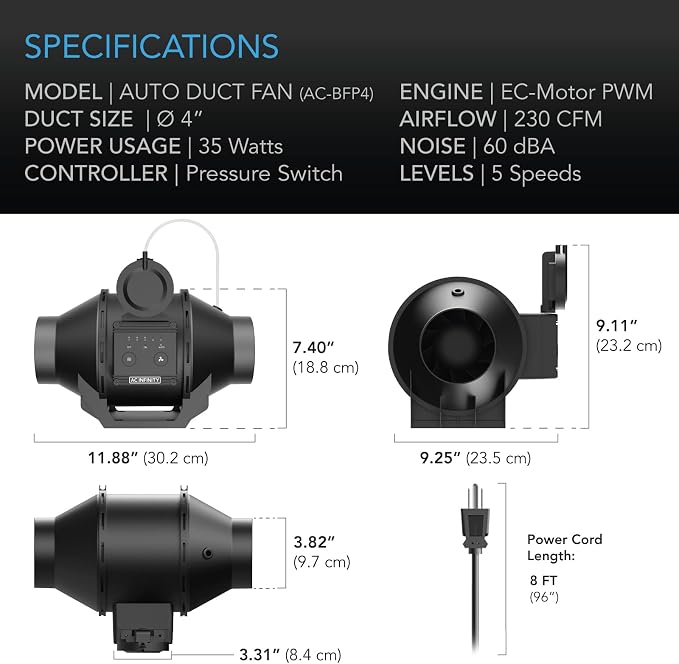 AC Infinity Automatic Duct Fan 4" Inline Fan. | With Differential Pressure Switch, Air Vent Booster Fan for Industrial HVAC Ducting Ventilation Exhaust Systems