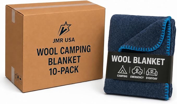 Wool Camping Blanket 10-Pack - 70% Wool Heavy-Duty Military Style Throw, Warm & Washable, Fire Retardant Cover for Emergency, Survival & Outdoor Use - For Camping, Car, Home & Hiking, Navy 66x90