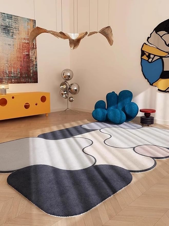 Unique Weird Shaped Rugs 6x9 Contemporary Abstract Dark Grey Beige Art Deco Indoor Low Pile Mats for Living Room Dining Room Office Dorm Bedroom Guestroom Nursery Thin Non Skid Wool Carpets