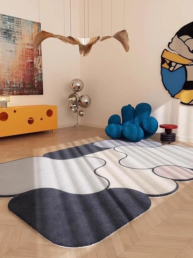 Unique Weird Shaped Rugs 5x7 Contemporary Abstract Dark Grey Beige Art Deco Indoor Low Pile Mats for Living Room Dining Room Office Dorm Bedroom Guestroom Nursery Thin Non Skid Wool Carpets