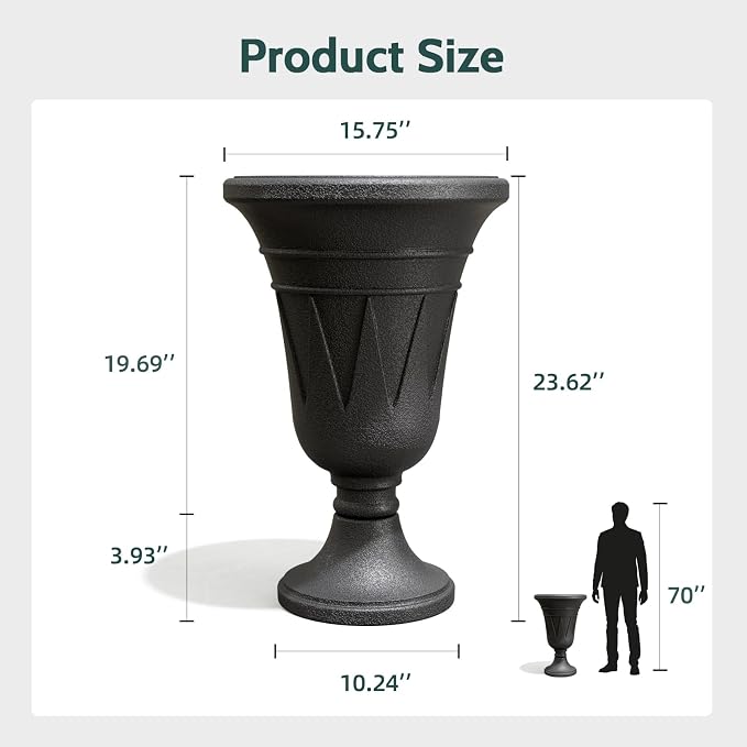 23.6" Tall Plastic Urn Planters for Outdoor Plants, Set of 2 Heavy-Duty Classic Indoor Large Flower Pots with Drainage Holes & Trophy Design, Outdoor Planters for Porch, Home Garden, Black