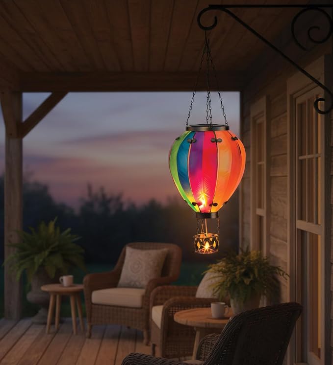 Regal Art & Gift 23.5 Inch Hot Air Balloon Solar Lantern – Hanging Solar-Powered LED Lights, Waterproof Portable Decorative Outdoor Lamp Made of Metal & Glass for Garden, Patios & Pathway – Rainbow