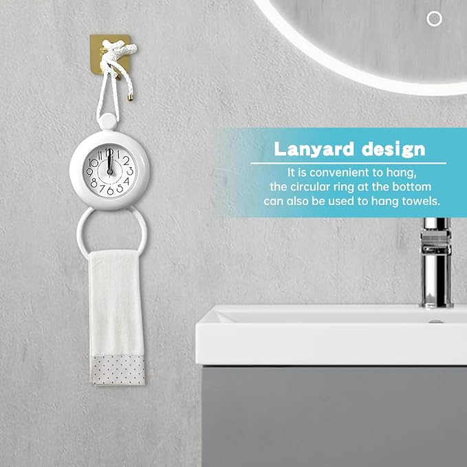 Waterproof Shower Clock, 4.72 in Analog Quartz Bathroom Clock with Silent Movement, Hanging or Standing, ABS Plastic, Requires 1 AA Battery, Not Included, White