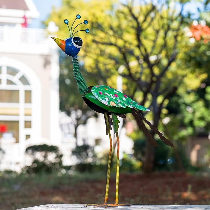 24'' Metal Wacky Peacock Garden Statues Outdoor Decor, Peacock Metal Yard Sculptures Art Decoration for Home Outsiede Patio Lawn Backyard, Gift for Women Lovers Moms(Blue & Green)