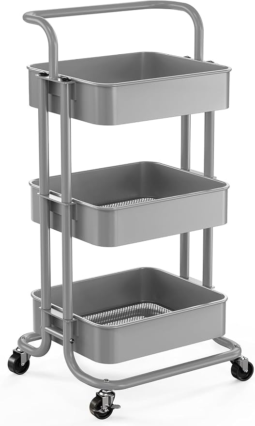 Pipishell 3 Tier Rolling Cart, Metal Utility Cart with Wheels and Handle, Rolling Storage Cart for Nursery Room, Living Room, Painting Room, Office and Kitchen, Grey