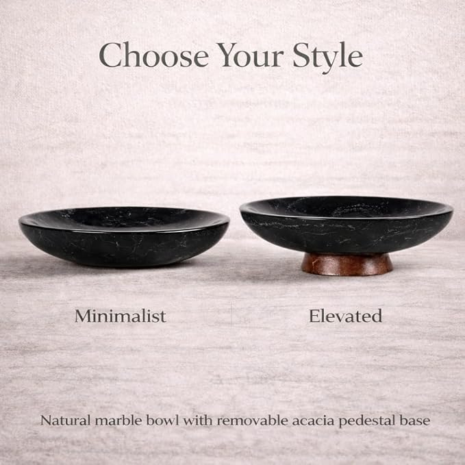 Decorative Marble Bowl Black - Handcrafted Natural Stone on Acacia Wood Pedestal - Versatile 10" Catch‑All Centrepiece for Home Decor - Entryway, Dining Table, Kitchen Fruit Bowl, Key Holder (Black)