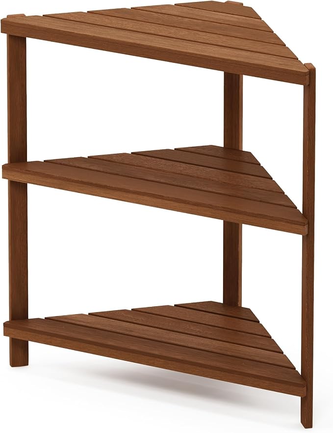Furinno TIOMAN Plant Stand Outdoor, 3-Tier Corner Plant Shelf, Tiered Plant Stand Indoor, Outdoor, Patio, Garden, Balcony, Light Wood