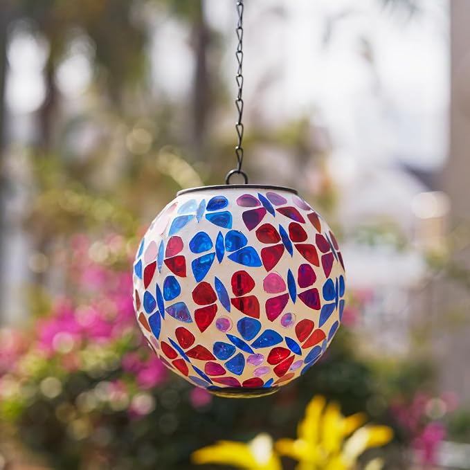 Solar Hanging Lanterns Red Blue Glass Mosaic Gazing Ball Globe Hanging Lantern Lights Outdoor Waterproof for Patio Garden Yard Home Decor (Colorful Butterfly)