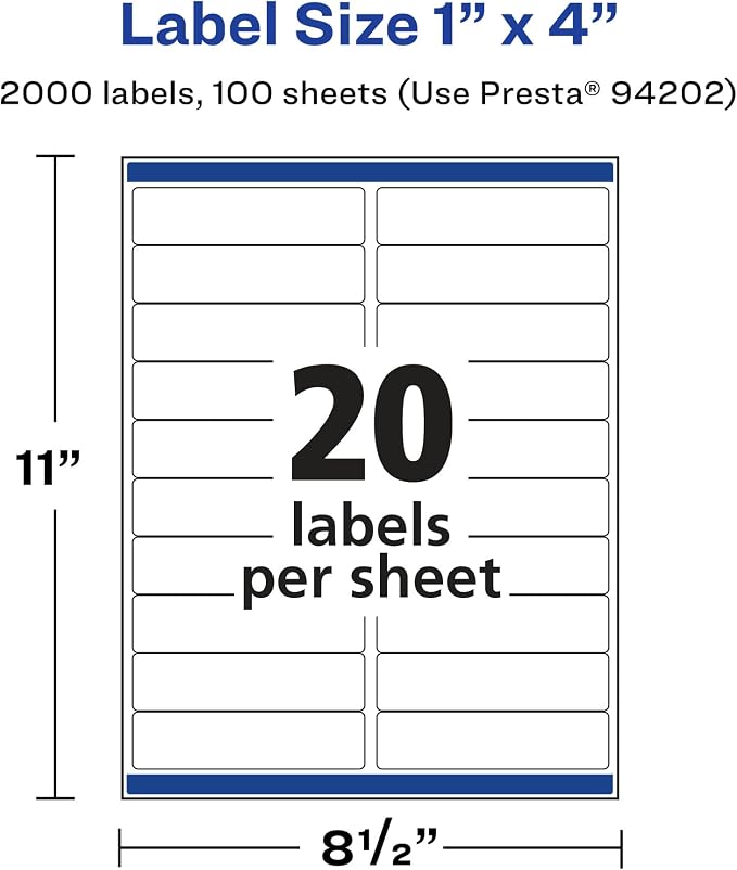 Avery Printable Durable White Rectangle Labels, Sure Feed Technology, 1" x 4", Waterproof Labels, Laser & Pigment-Based Inkjet Compatible, 2000 Total, Great for Product Branding, Marketing, and More