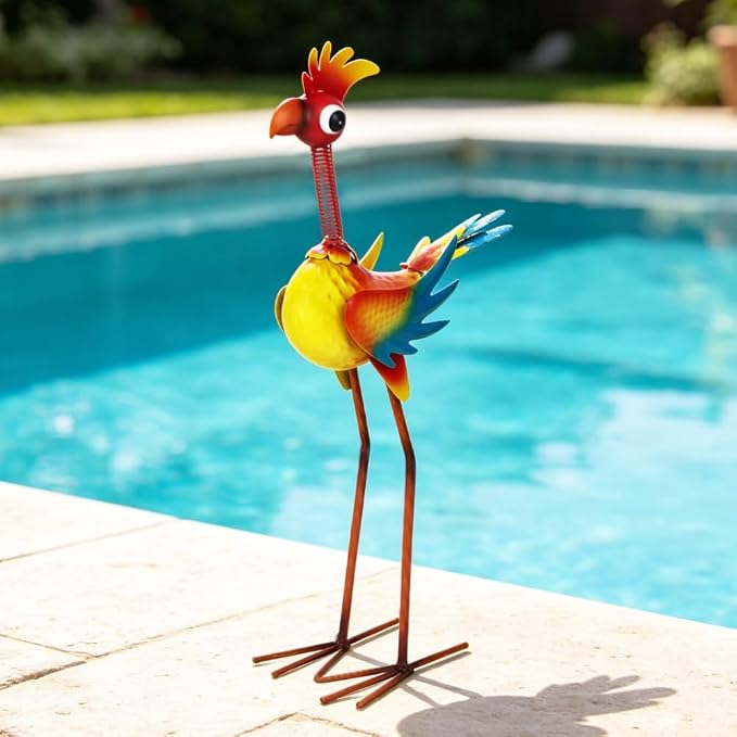 Metal Rooster Statue Outdoor Garden Decor,19" Wacky Bird Decor Yard Statue Decorations Outdoor,Funny Chicken Sculpture for Patio, Lawn, Backyard (Red+Yellow)