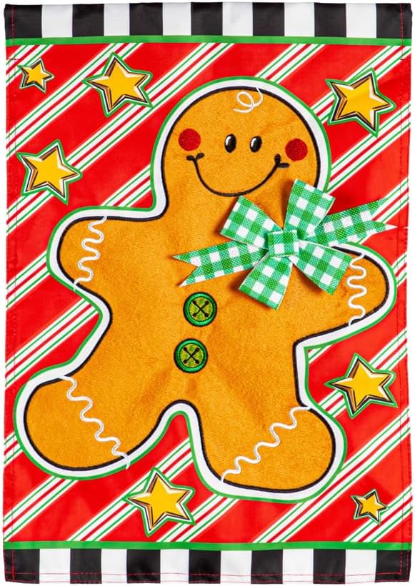 Evergreen Flag Patterned Gingerbread Man Applique Garden Flag | 12x18 Inches Double Sided Christmas Garden Flag for Outside | Weather and Fade Resistant | Outdoor Flag Décor for Home, Yards and