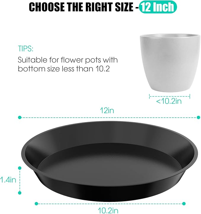 6 Pack Plant Saucer 4 6 8 10 12 14 16 18 20 22 Inch Plastic Plant Tray, Sturdy and Durable Flower Pot Container Accessories Plant Pot Saucers for Indoor and Outdoor (12 Inch, Black)
