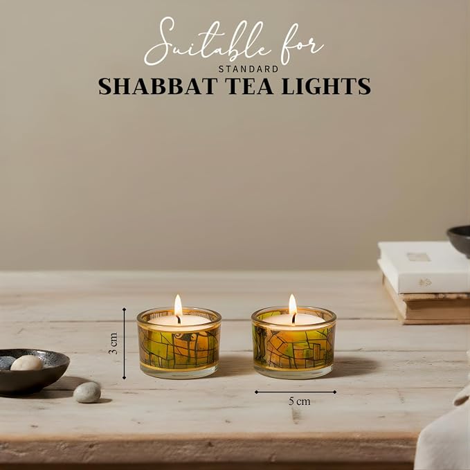 SURI Chagall Style Shabbat Candle Holders Set of 2 – Glass Shabbos Sabbath Tea Light Holders, Jewish Home Décor