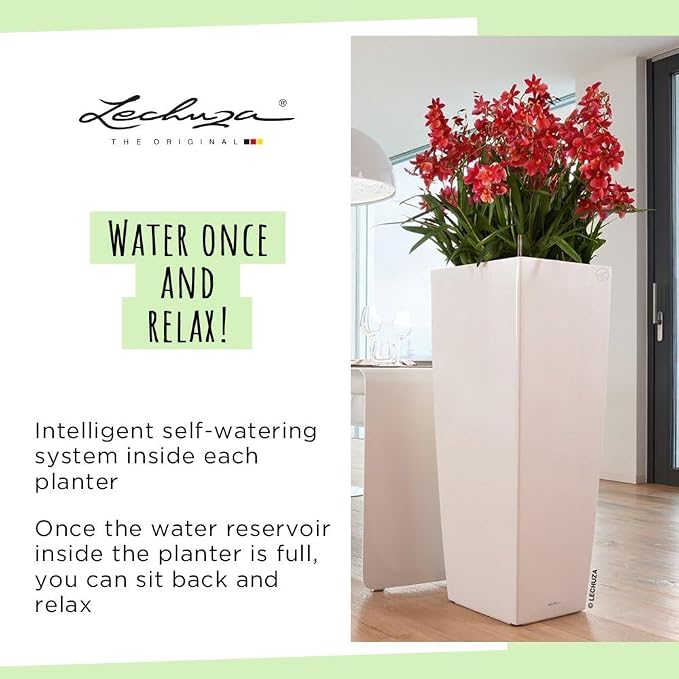 Lechuza CUBICO 40 Black High Gloss, Self-Watering Tall Planter, H29.5 L15.7 W15.7 in
