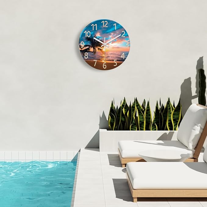 XFM Beach Wall Clocks Battery Operated 16 Inch Palm Tree Wall Clocks for Living Room Bedroom Big Round Glass Silent Wall Clock Non Ticking Sunset Tropical Seashore Clock