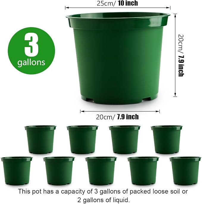 RooTrimmer 3 Gallon Plastic Nursery Pots, 10 Inch Round Plant Pots with Drainage Holes, 10 Pack Planting Pot for Outdoor Indoor Plants, Gardening Gifts for Women, Green