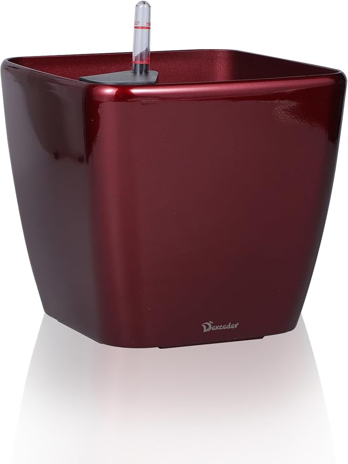 Dexceder 11x10 Self Watering Planter (Red High Gloss) | Inner Mat Design, Thickened Table Flower Plant Pot with Water Level Indicator Indoor Outdoor